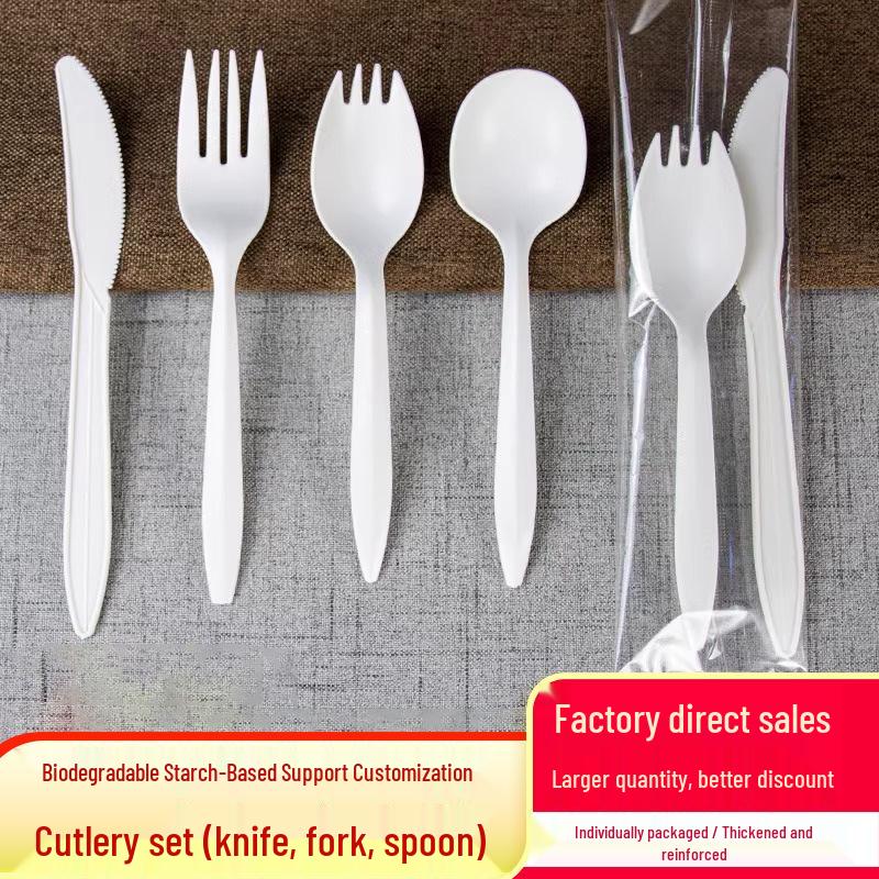 Eco-Friendly Disposable Starch Cutlery Set: Knife, Fork, Spoon - Individually Packaged 3-Piece Customizable Set.