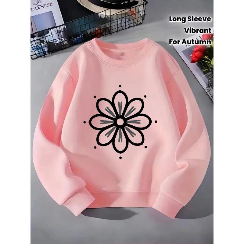 European Sizes Kids' Crewneck Sweatshirt - Black Flower with Gray Petals And Dots , Sportswear And Casual Wear, Soft And Comfortable, Clothing