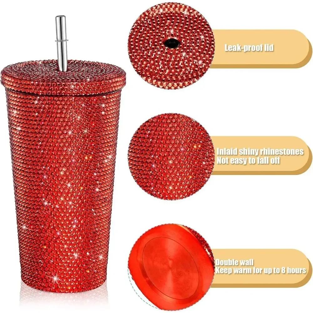 750ml Reusable Straw Cup Double Layer Thermos Cups Women Glitter Cup Water Bottle Gift With Lid Rhinestone Stainless Steel