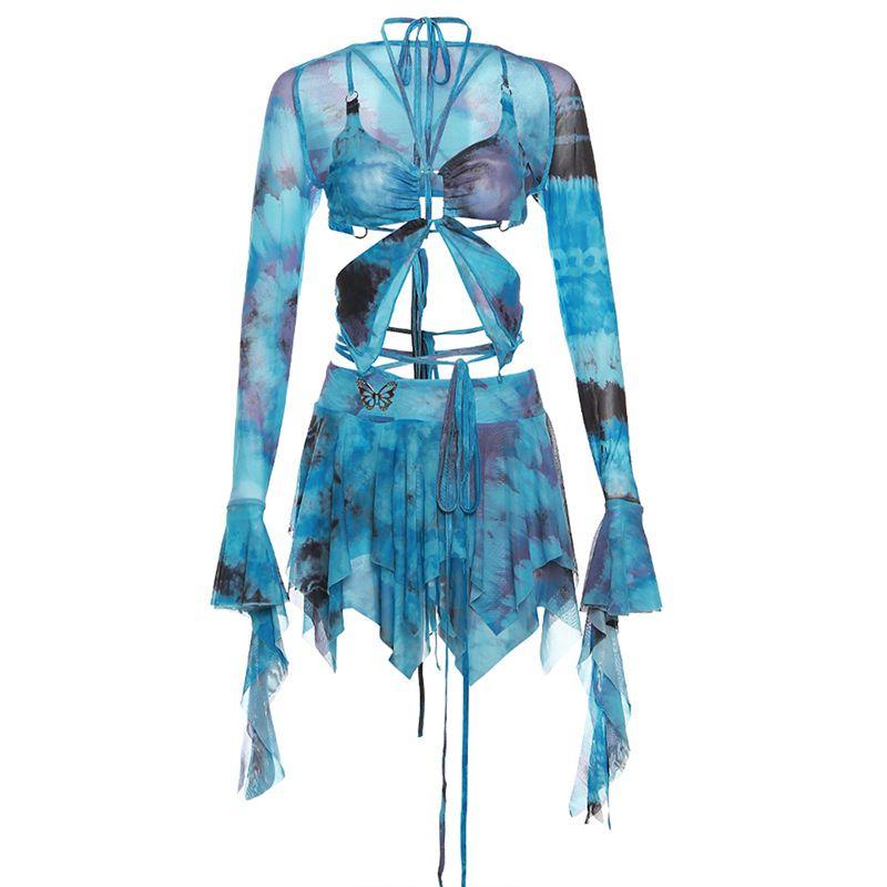 European and American Ins Style Elegant Sweet Sexy Low Cut Navel High Waist Lace-up Tassel Pleat Irregular Short Dress Set
