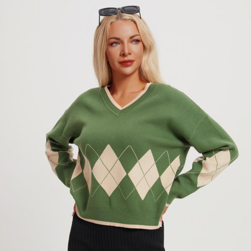 Early Autumn V-Neck Diamond Knit Sweater for Women