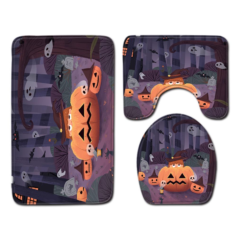 Halloween Shower Curtain Floor Mat Combination Four-Piece Set Bathroom Toilet Carpet Shower Room Foot Mat