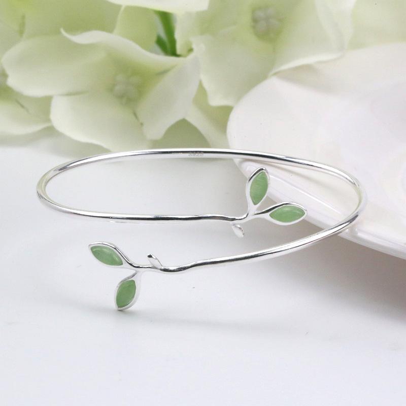 925 Silver Bracelet Bangle Simple Green Leaf Elegant Nature For Woman Girl Fashion Jewelry Gift Dropship