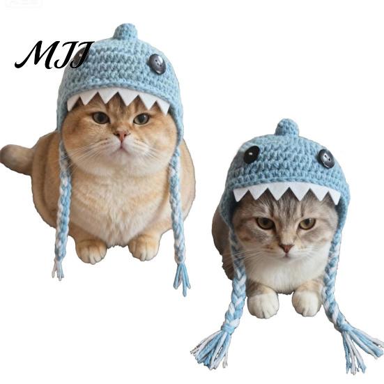 Cute Knitted Pet Cap Funny Shark Cat Hat, Crocheted Hat with Braided Soft Yarn Accessories Straps, for Cats Small Dogs Lightweight Puppy