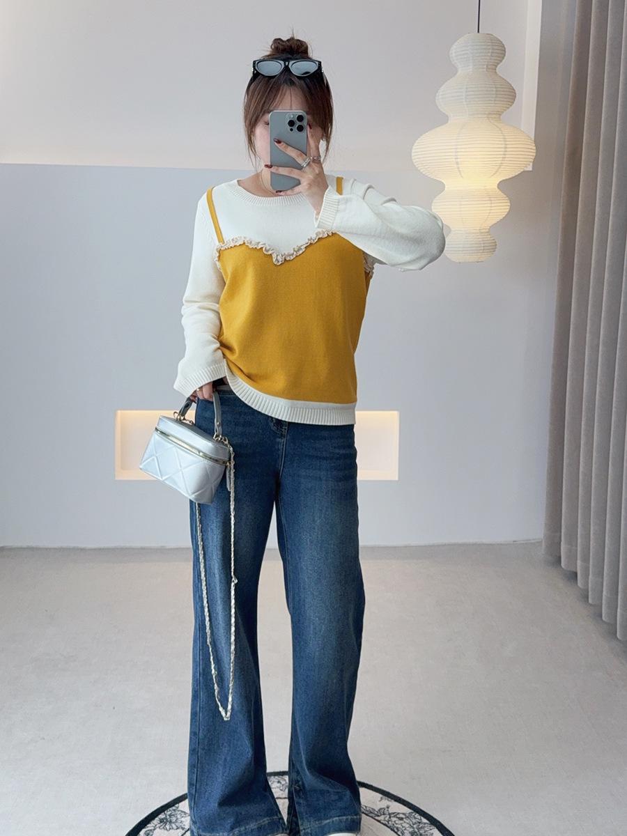 

AI Yuan 2025 Plus Size Women s Lace Patchwork Two-Piece Color Block Sweater - Autumn/Winter 3XL