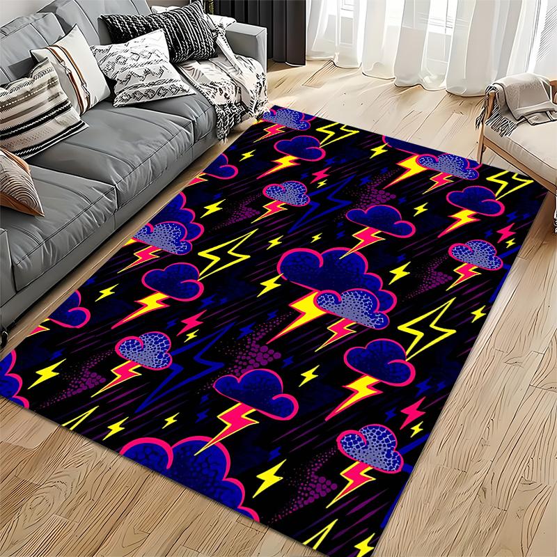 Colorful Lightning and Cloud Pattern Carpet, Dark Psychedelic Style Decor Suitable for use as an anti-slip for living room bedroom sofas