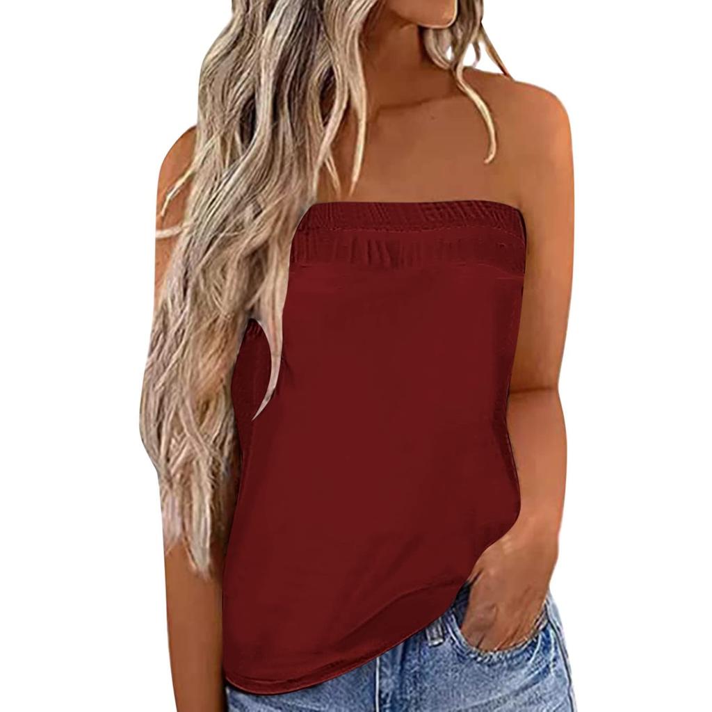 Women Strapless Bandeau Tank Casual Sleeveless Summer Loose Holiday Tube Shirt Tunic Tanks Tops