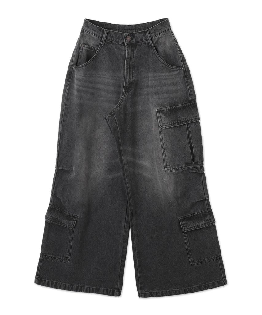 WEGO Vintage Wash Baggy Cargo Korean Dance Size Black Pants, Wide-Leg Trousers, Trousers, Bottoms, Streetwear, Casual, Style, Wear, Spring, Summer,