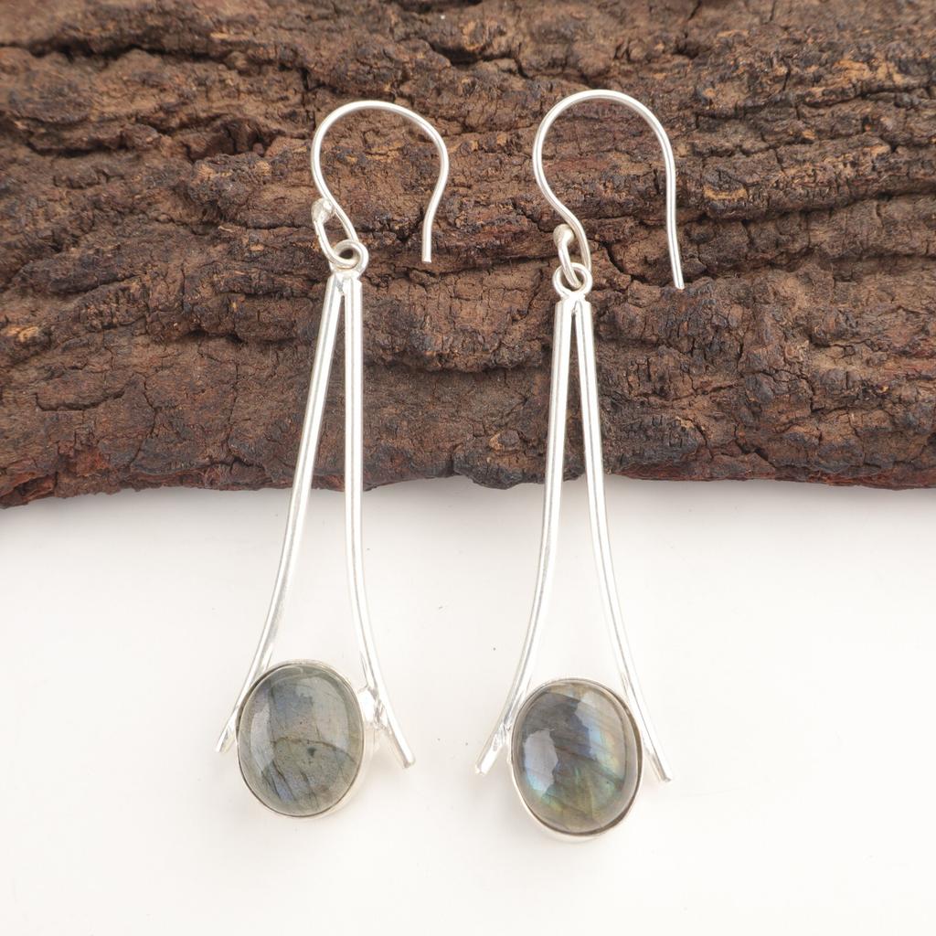 Natürlicher Labradorit Hochzeitsgeschenk Haken Hängend Trendige Ohrringe 925er Sterlingsilber EE-136-22