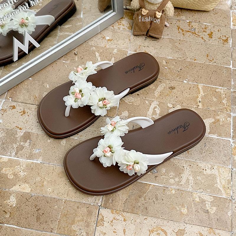 

Women s 3D Floral Flat Sandals Boho Braided Flower Flip Flops Lightweight Slide Shoes Summer Non-Slip Slippers Open Toe Beach Dress Shoes for Women 36/37 белый
