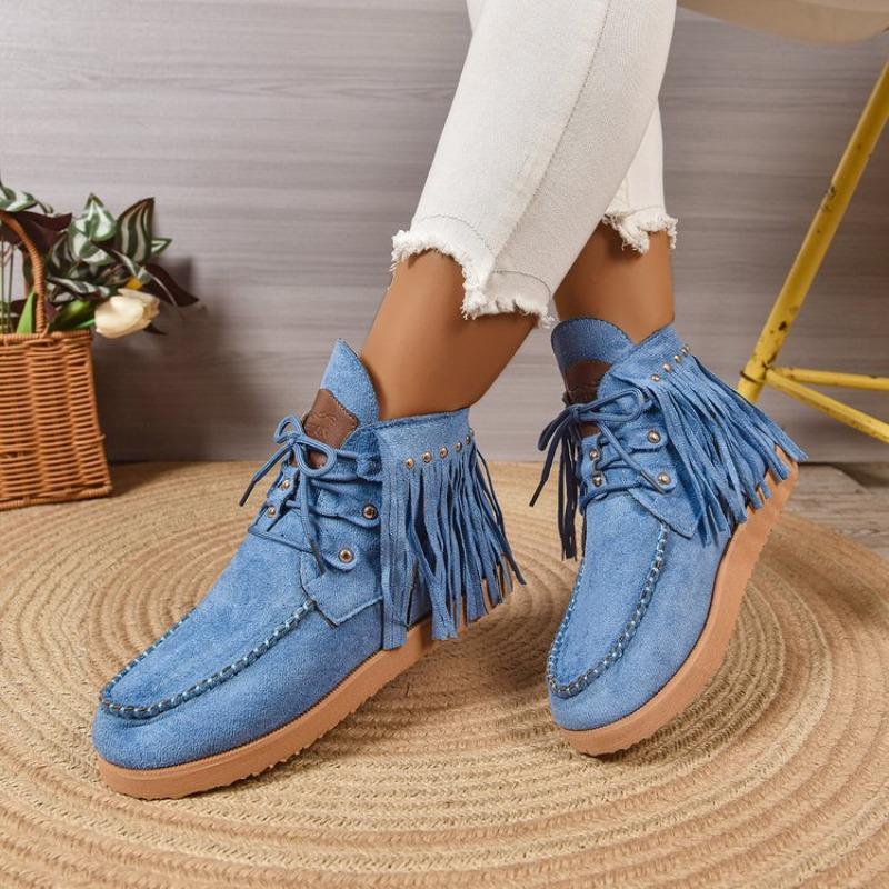 Women's Plus Size Lace-Up Ankle Tassel Boots New Autumn/Winter Style Roman-Inspired Versatile Flat Ankle Boots