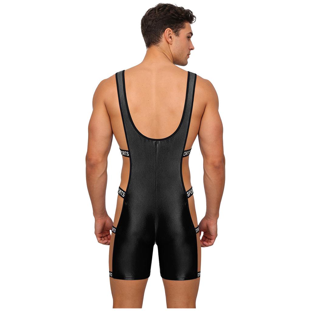 Tuta da allenamento lucida da uomo Scollo basso Spalline Taglio laterale Elastico Fondo a pantaloncino