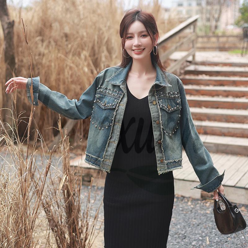 Women s Korean-Style Beaded Denim Jacket - Spring/Autumn XL синий