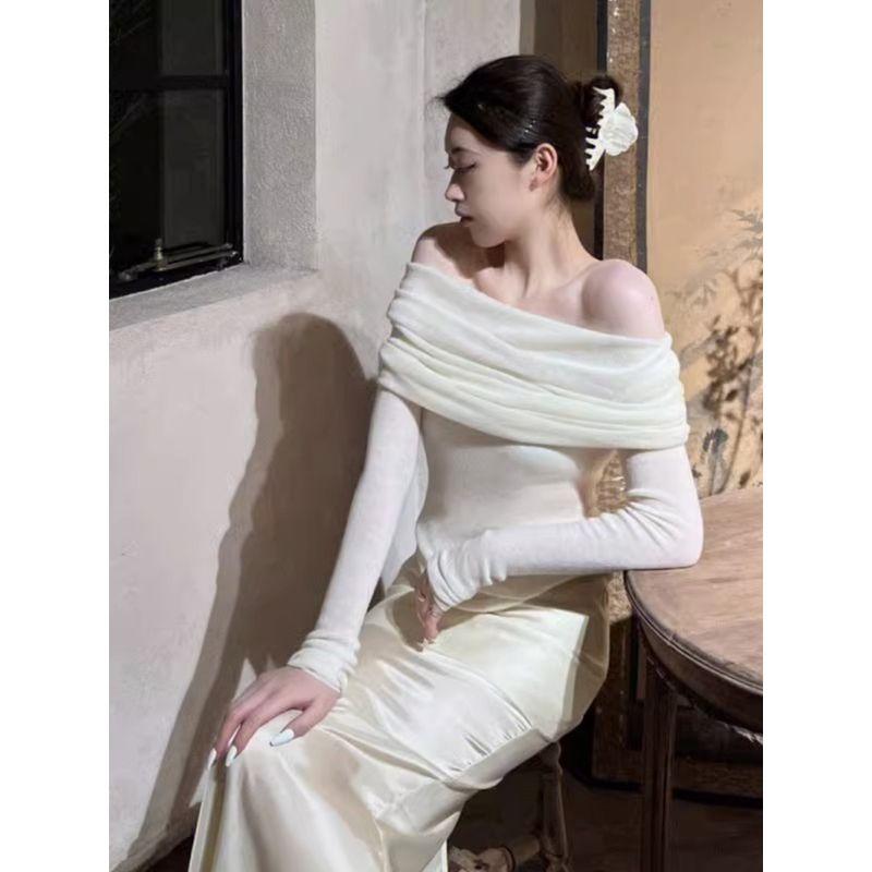 off-Shoulder Pure Color Knitwear Long Sleeves off-Shoulder Swaying Thin Silm Low Classic Ruched Sweater