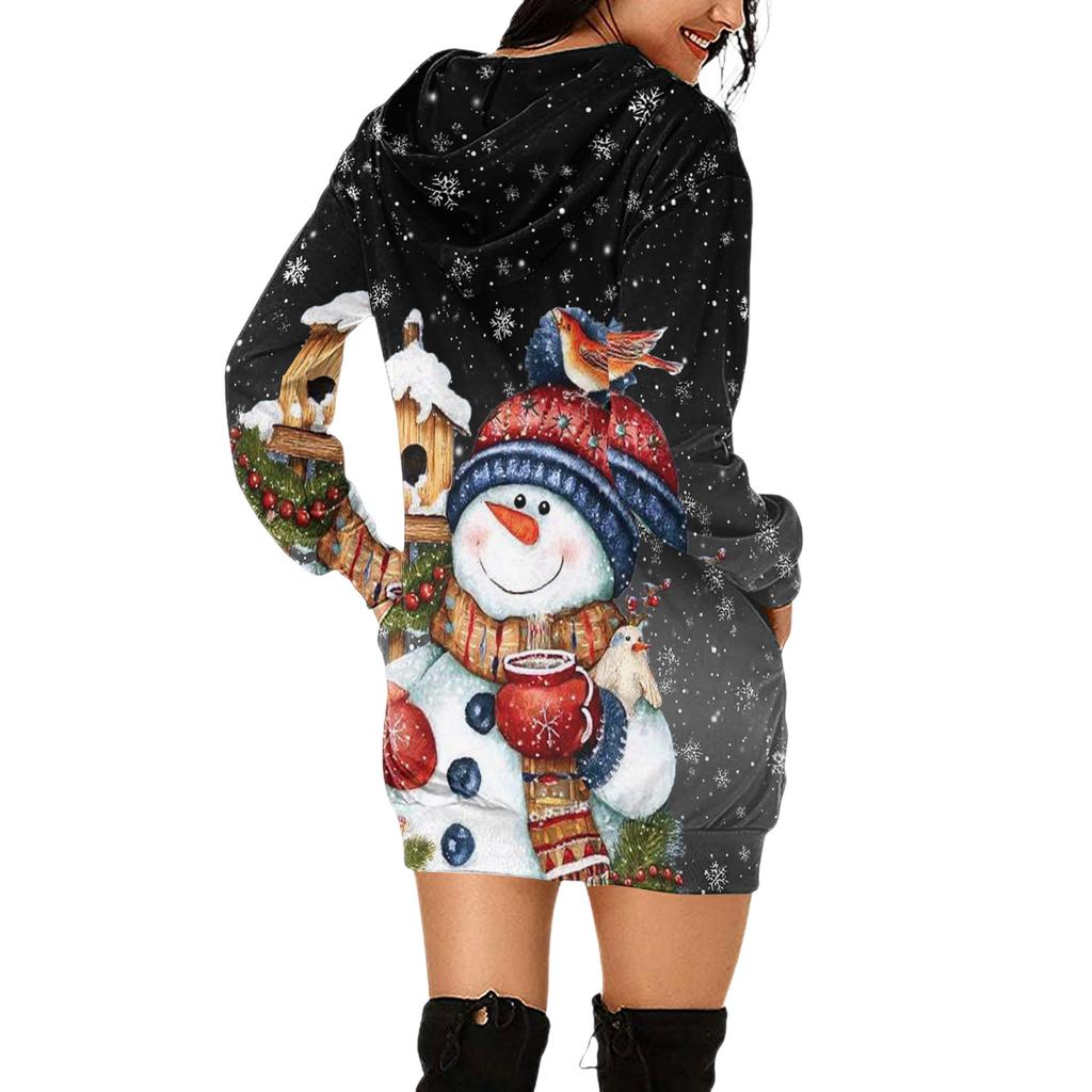 Women's Christmas Print Long-Sleeved Hooded Pocket Pullover Dress