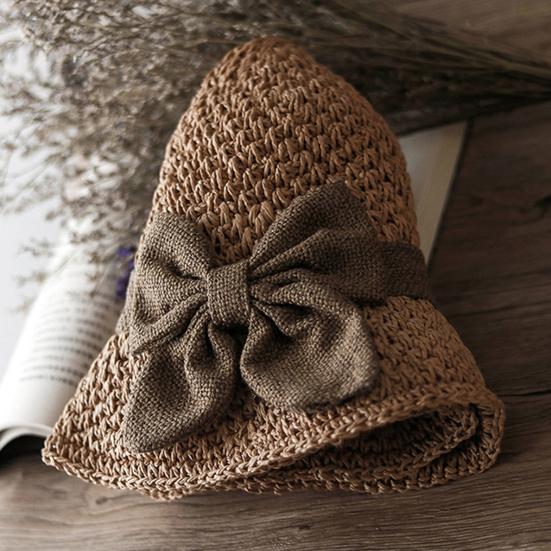Straw Hat Hand-Knitted Natural Straw Wide Brim UV Protection Foldable Hat Bow Decor Portable Beach Sun Hat