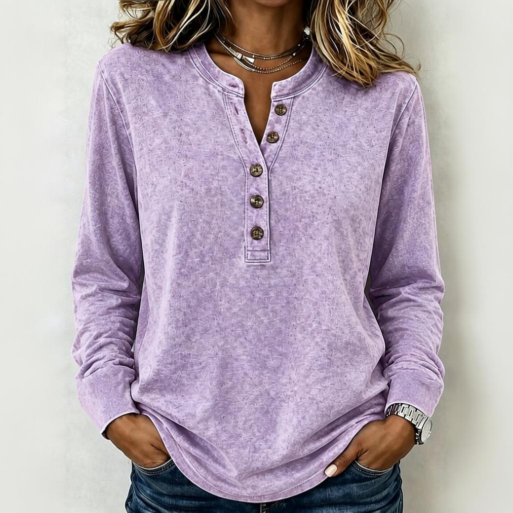 Camicia da Donna Retro a Maniche Lunghe Scollo a V Bottoni Vestibilità Larga Usurata Top