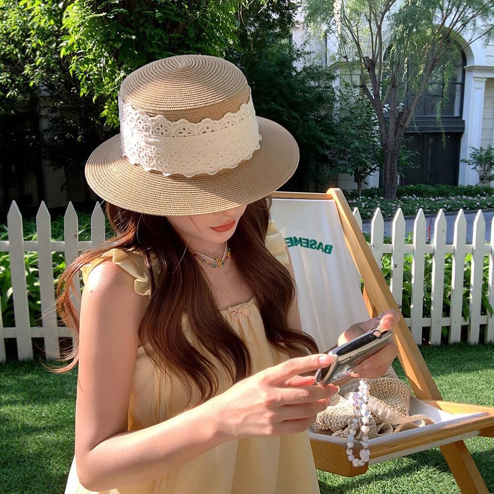 French Lace Woven Straw Hat Women's Summer New Seaside Beach Vacation Sunscreen Sunshade Flat Top Straw Hat