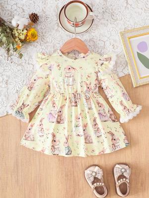 Girls Long Sleeve Ruffle Dress Basic Crewneck Everyday Dress Soft Print Dress For Kids