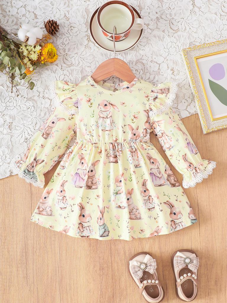 Girls Long Sleeve Ruffle Dress Basic Crewneck Everyday Dress Soft Print Dress For Kids