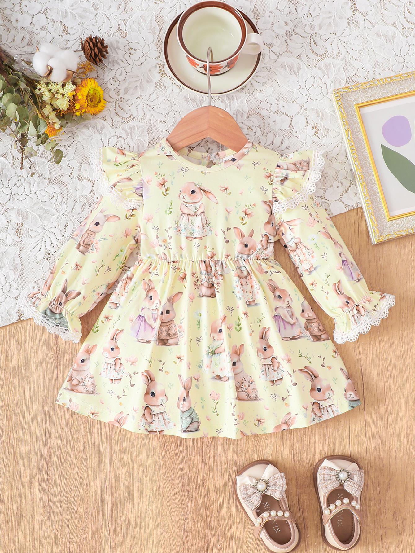 

Girls Long Sleeve Ruffle Dress Basic Crewneck Everyday Dress Soft Print Dress For Kids 9