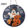 Halloween Wooden Hanging Sign Boo Wood Door Hanger with Cute Ghost Black Hat Pumpkin Print, Front Cat Wall Decor Porch Decor, Round Plaque for Indoor