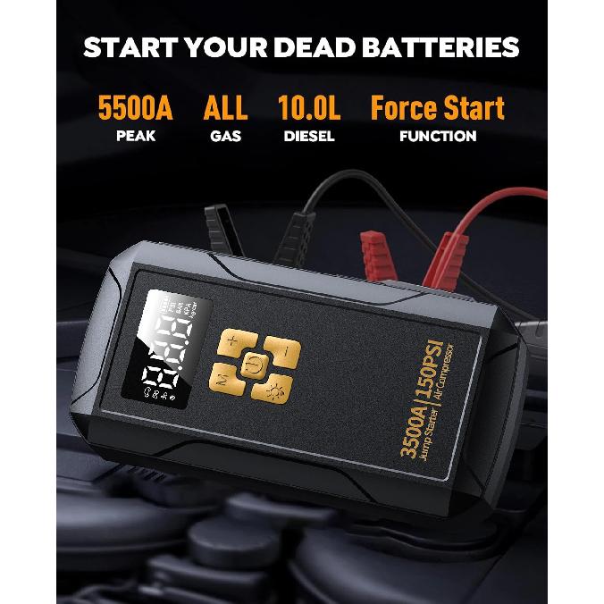 Jump Starter with Air Compressor 3500A Jump Starter 150PSI Air Pump Multifunctional Tire Inflator Power Bank Lighting for Car