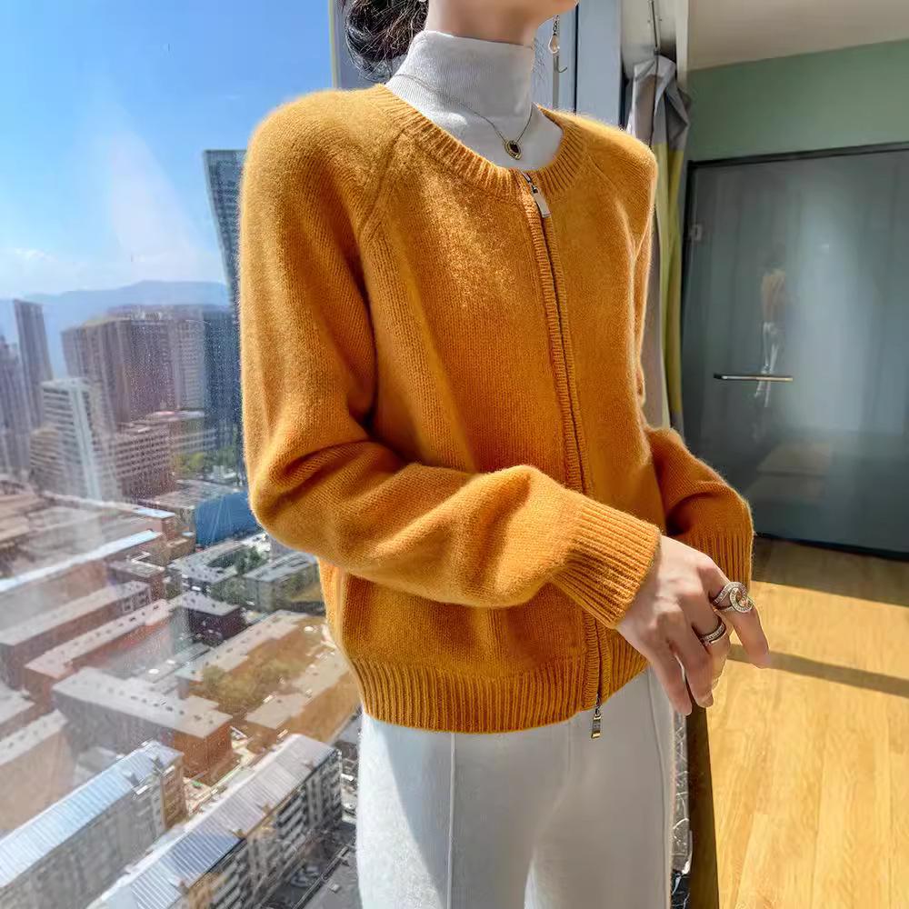 Korean Style Retro Round Neck Knit Cardigan for Women - Petite Autumn High Waist Zip Sweater