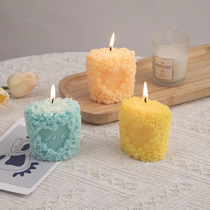 Rose Pillar Candle Mold Handmade Valentine's Day Wedding Home Decoration 3D Flower Love Candle DIY Aromatherapy Candle Soap Mold