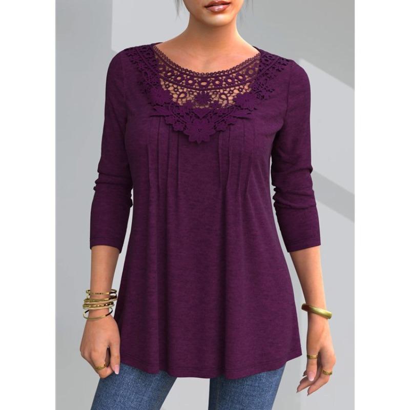 JPNTKY Women's Fashion Casual Solid Color Print Long Sleeve O-Neck Blouses & Shirts