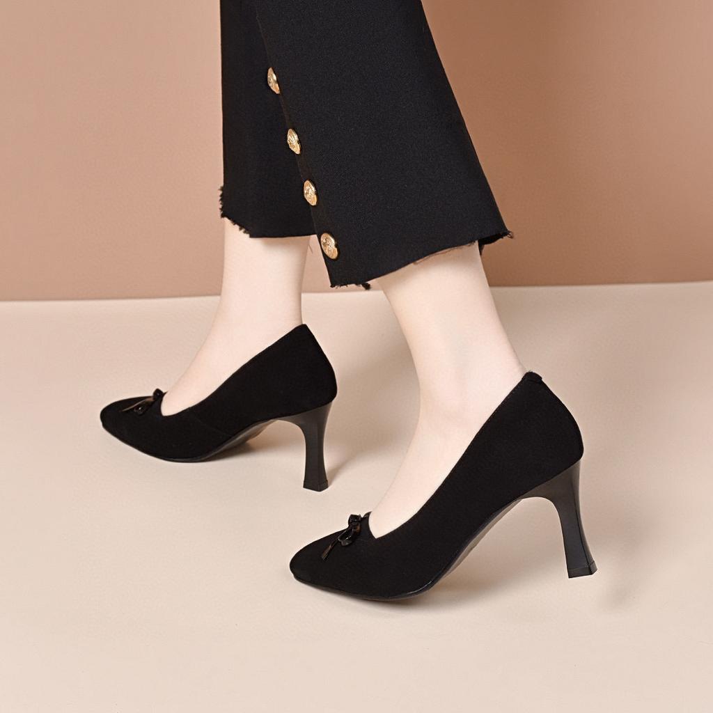 Small Square Head High Heels Women's Spring Simple Temperament Black Stiletto Fashion Shoes Bow Light Mouth Women's Single Shoes