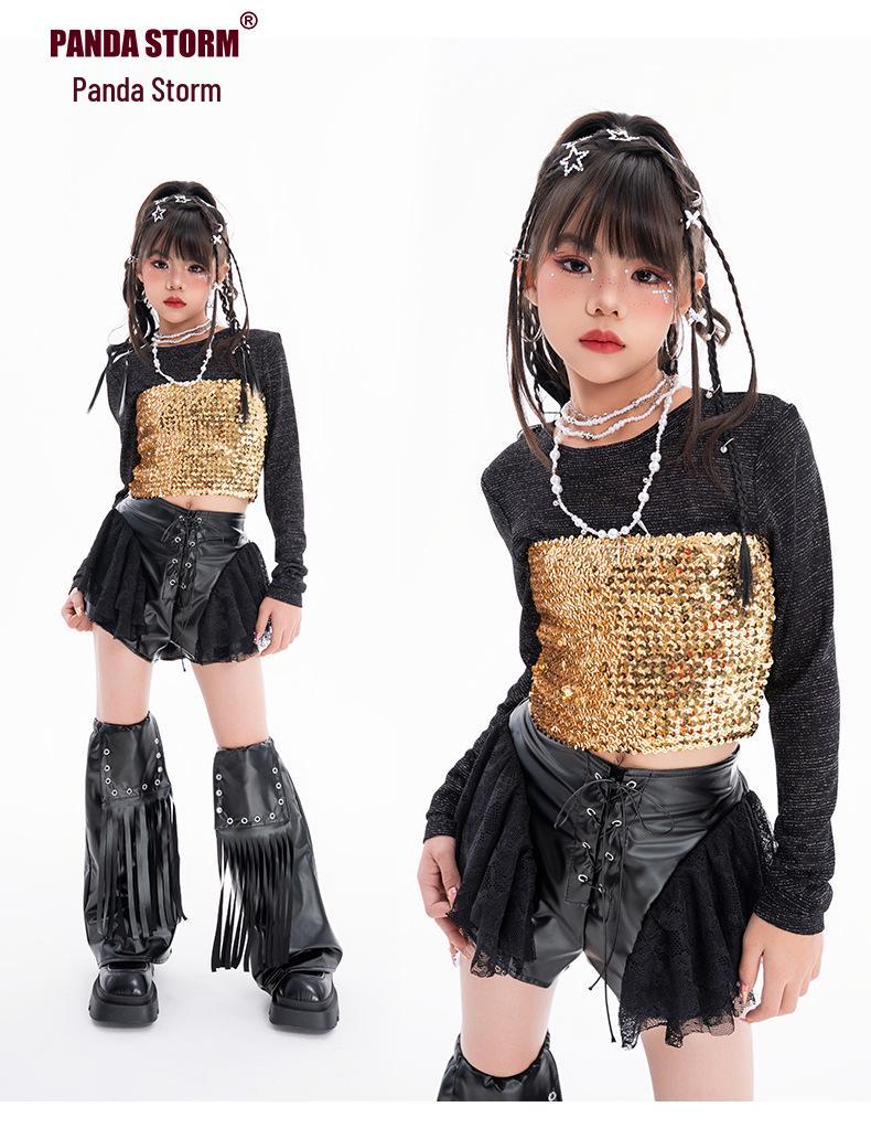 Mädchen Jazz Dance Pailletten Trägerloses Kostüm Set mit Langen Ärmeln und Hose