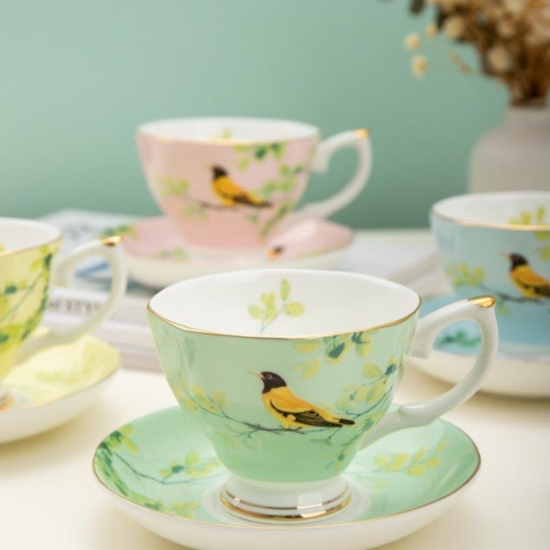 Luxury Gold Rim Bone China Tea Cup and Saucers, Elegant Floral Butterfly Coffee Mug Tableware Set, Bird on Branches Bone China Coffee Cup for Home