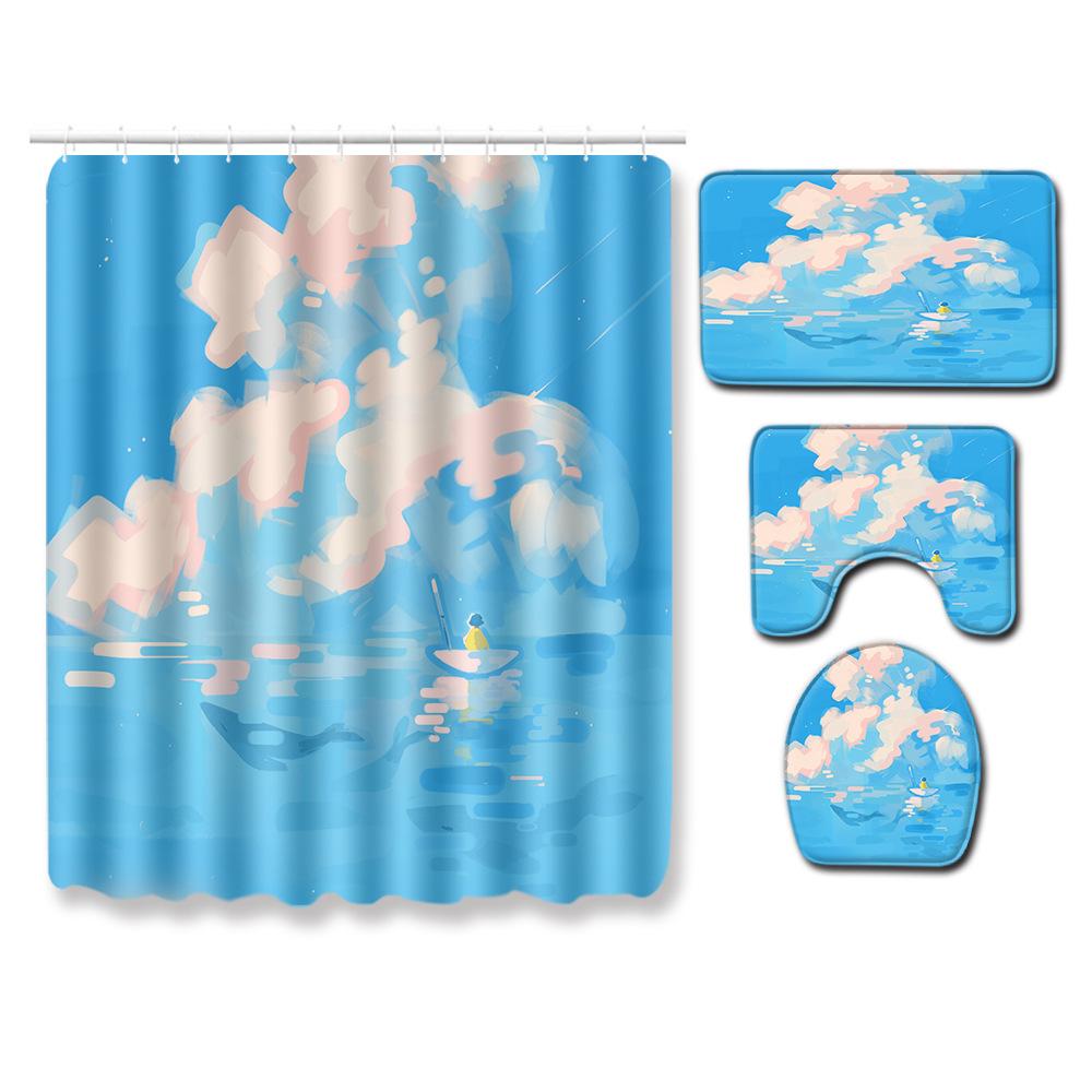 Fashion Textured Bathroom Shower Curtain Floor Mat Toilet Cover Foot Mat Four-Piece Set