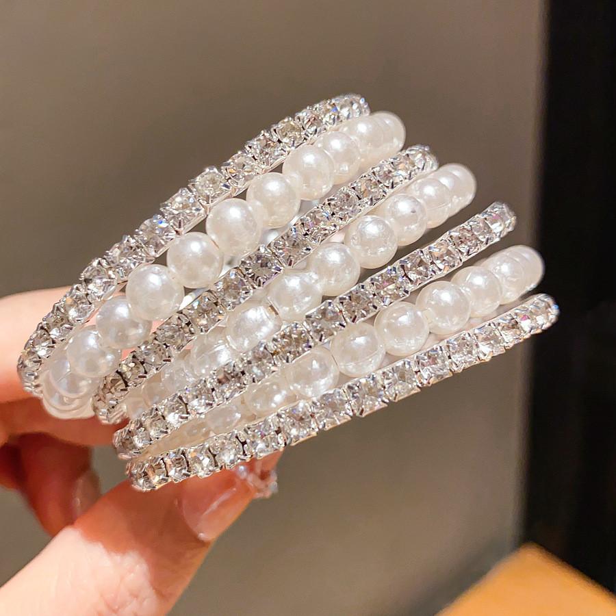 Pearl Multilayer Open Cuff Bracelet With Rhinestone Embellishments For Elegant Women