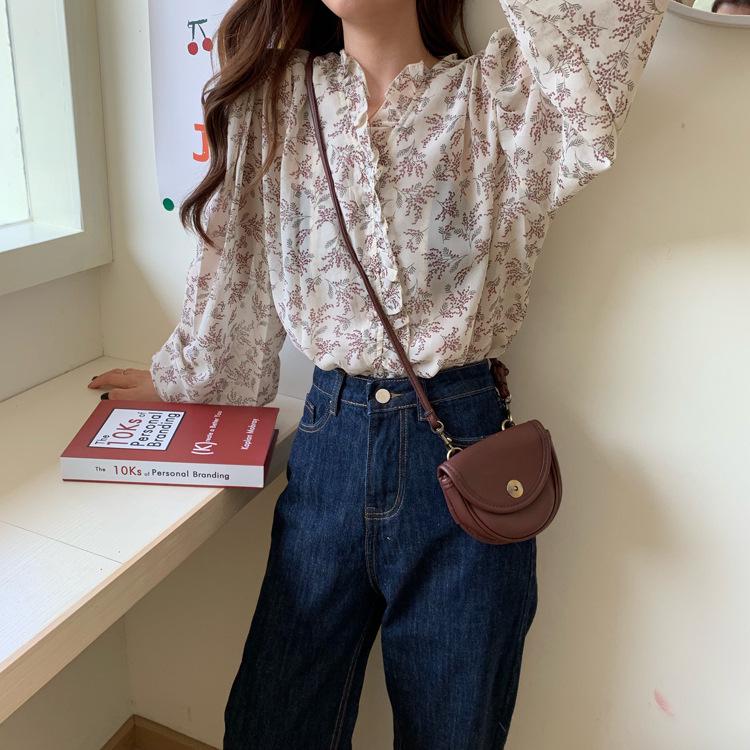 2025 Chic Korean Style Floral Chiffon Women's Long-Sleeve Puff Shirt
