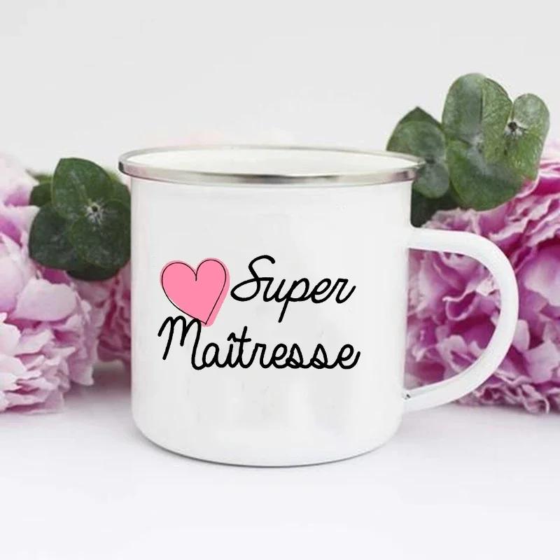 French Super Teacher Print Mugs Creative Coffee Cups Drinks Water Milk Cup Enamel Mug School Home Handle Drinkware Teacher Gifts