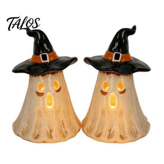 Holiday Atmospheric Night Lights Witch Hat Ghost Tealight Candle Holder, Vintage Resin Halloween Tabletop Decor Decorative for Countertops with