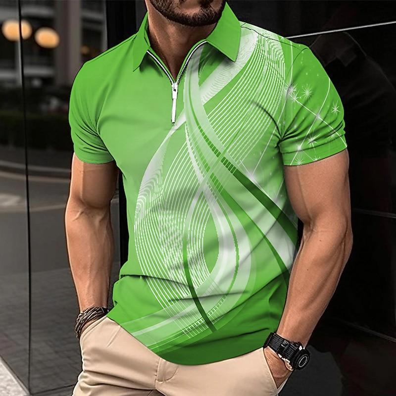 

Мужская рубашка-поло, повседневная рубашка на молнии с коротким рукавом, модная повседневная рубашка на молнии на лето и весну, стандартная посадка, рубашка с 3D зеленым кривым принтом S зелёный