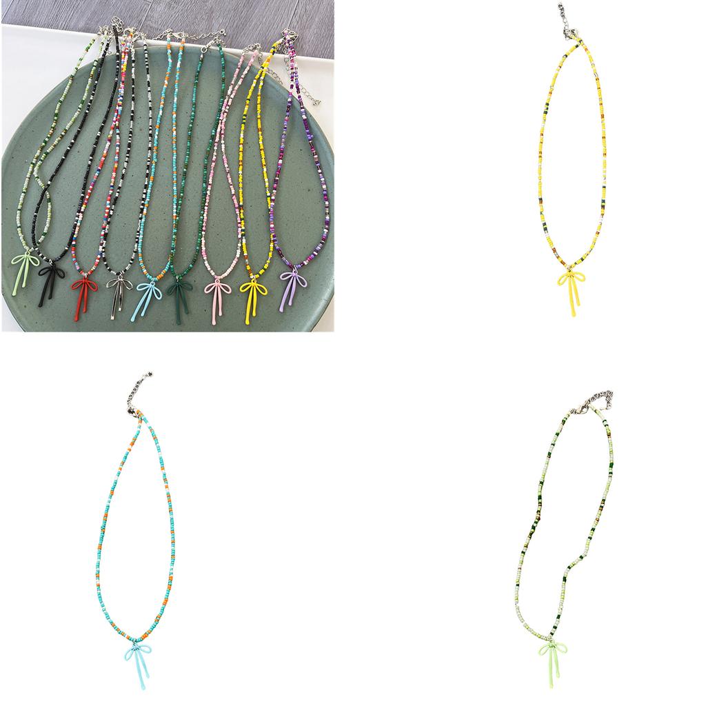 Delicate Bowknot Clavicle Chain Colorful Beaded Butterfly Bow Collar Necklace Jewelry Clavicle Chain for Women Girls