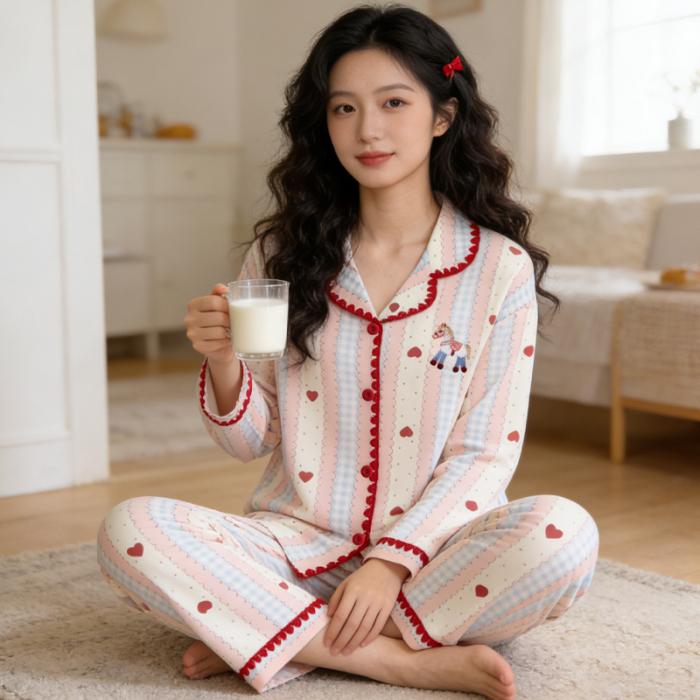 Cute Horse Print Kawaii Pajama Set for Women Spring Soft Fabric Comfort Plaid Loungewear 2 Piece Long Sleeve Top Pants Sleepwear