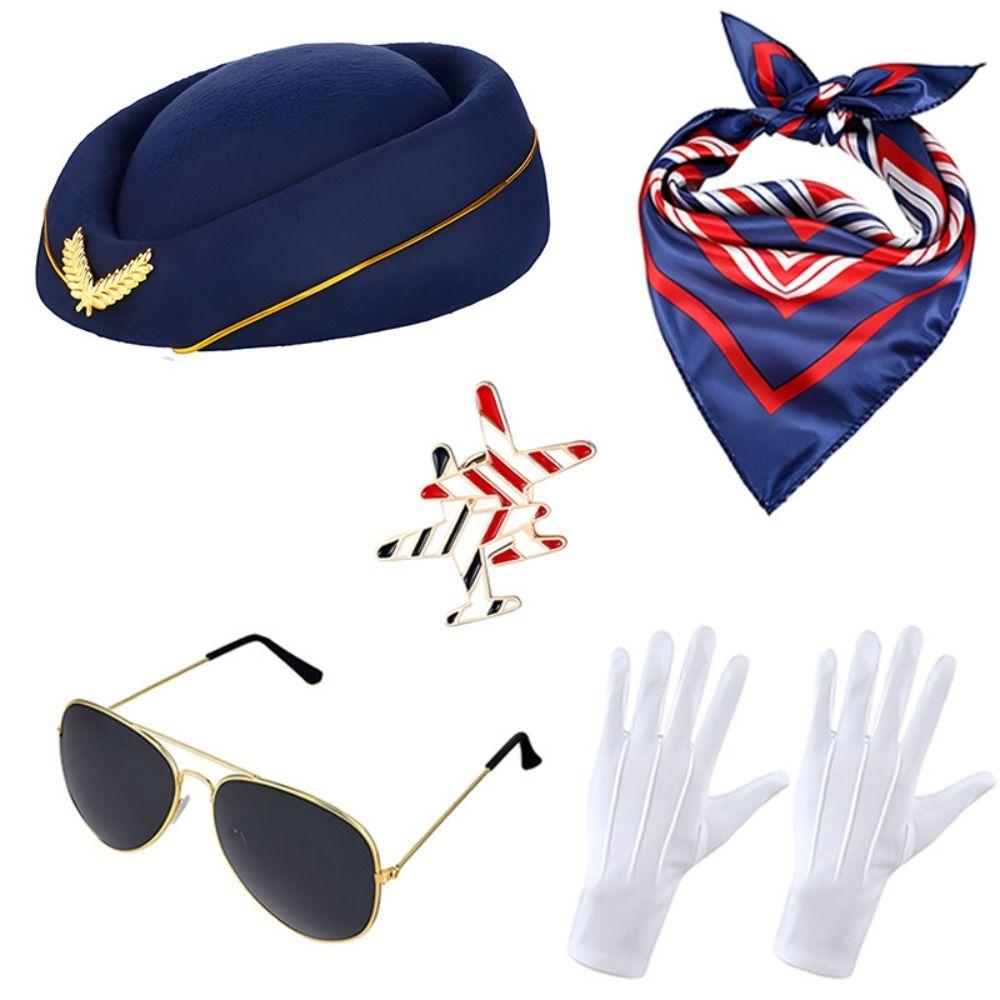 Gloves Scarf Women's Stewardess Costume Dress Up Flight Attendant Hat Stage Performance