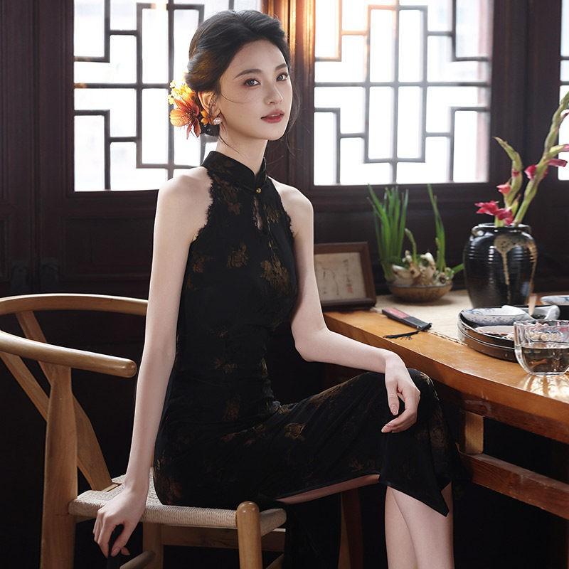 Black Sleeveless High-Neck Chinese-Inspired Long Cheongsam Dress Women 2026 Elegant Party Gown