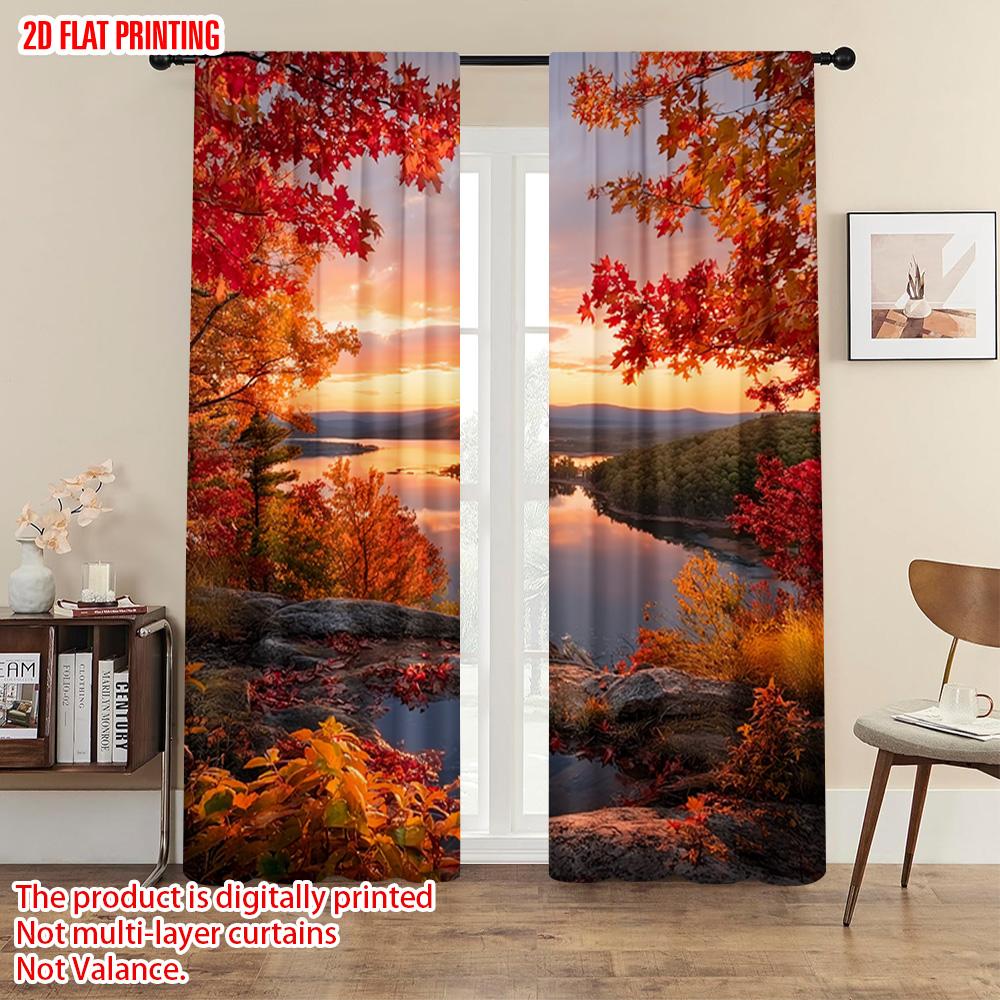 Plane Printing Curtains Digital Printed Autumn Sunset Maple Leaf Durable Polyester Fabric Without Rod Versatile Set Of 2 Made