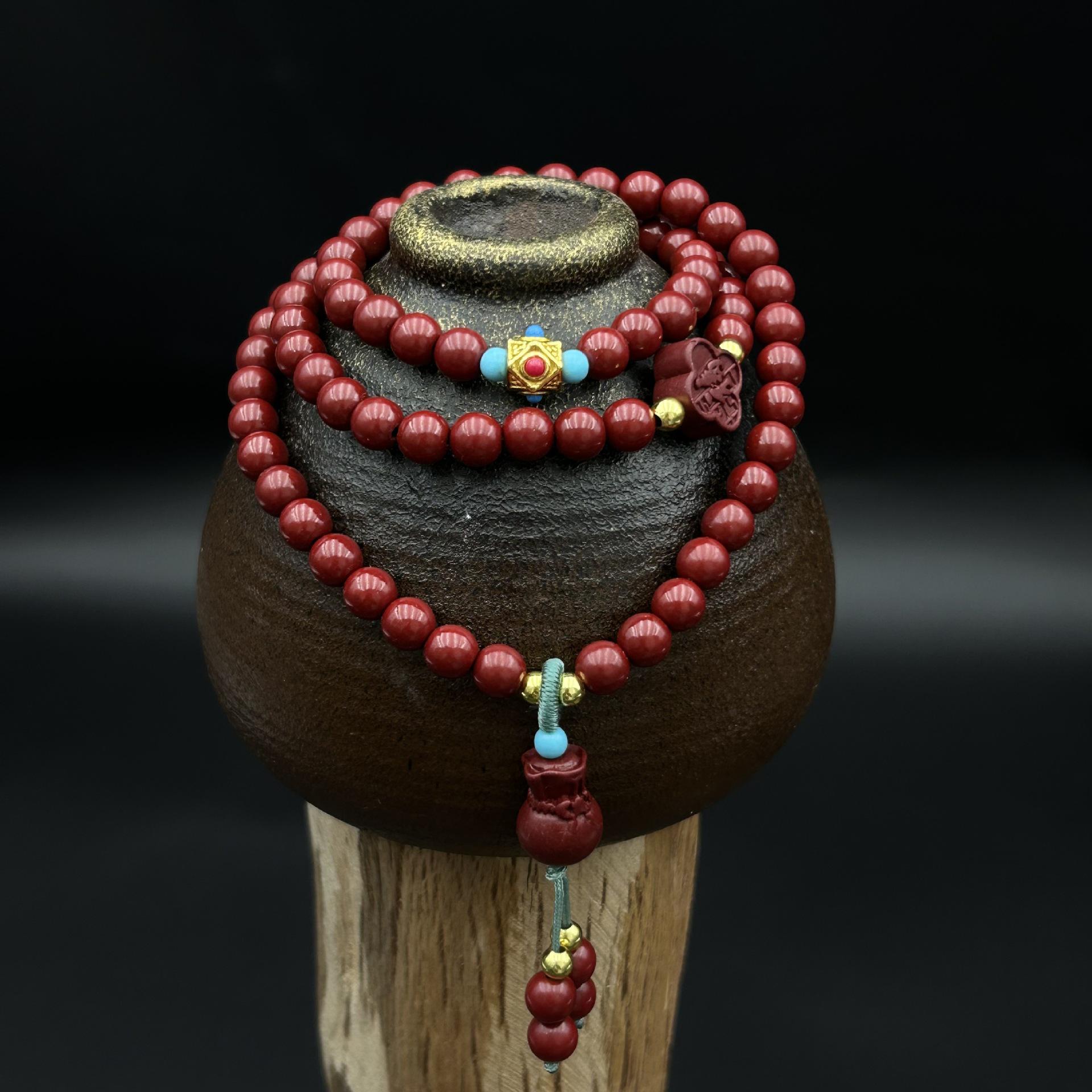 Этнический стиль многооборотный браслет из киновари Бог богатства - буддийские бусины ручная нить