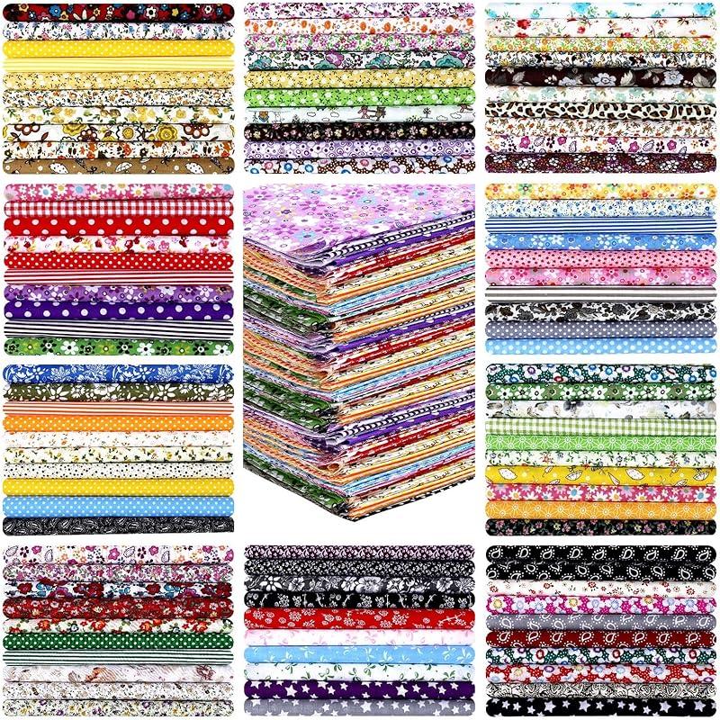 Irenare 100 Pcs 8 X 8 Inches Christmas Fabric Bundles Fat Quarters Santa Claus Precut Fabric Bundle Squares Xmas Tree Snowman Printed Sewing