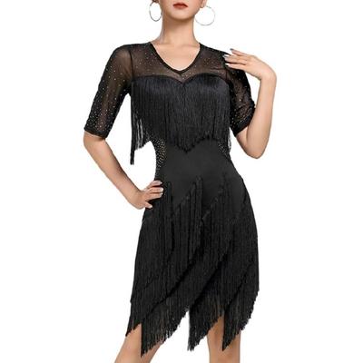 Latin Competition Outfit Breathable Black Dance Dress Flattering Fringe Design Glittering Stage Costume