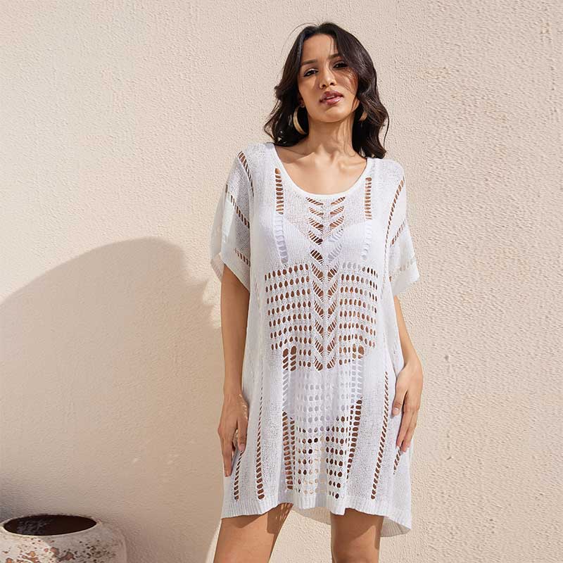 EDOLYNSA chic Sexy white hollow out knitted beach wear beach dress house robe lounge around comfy swimsuit cover-up Q1648