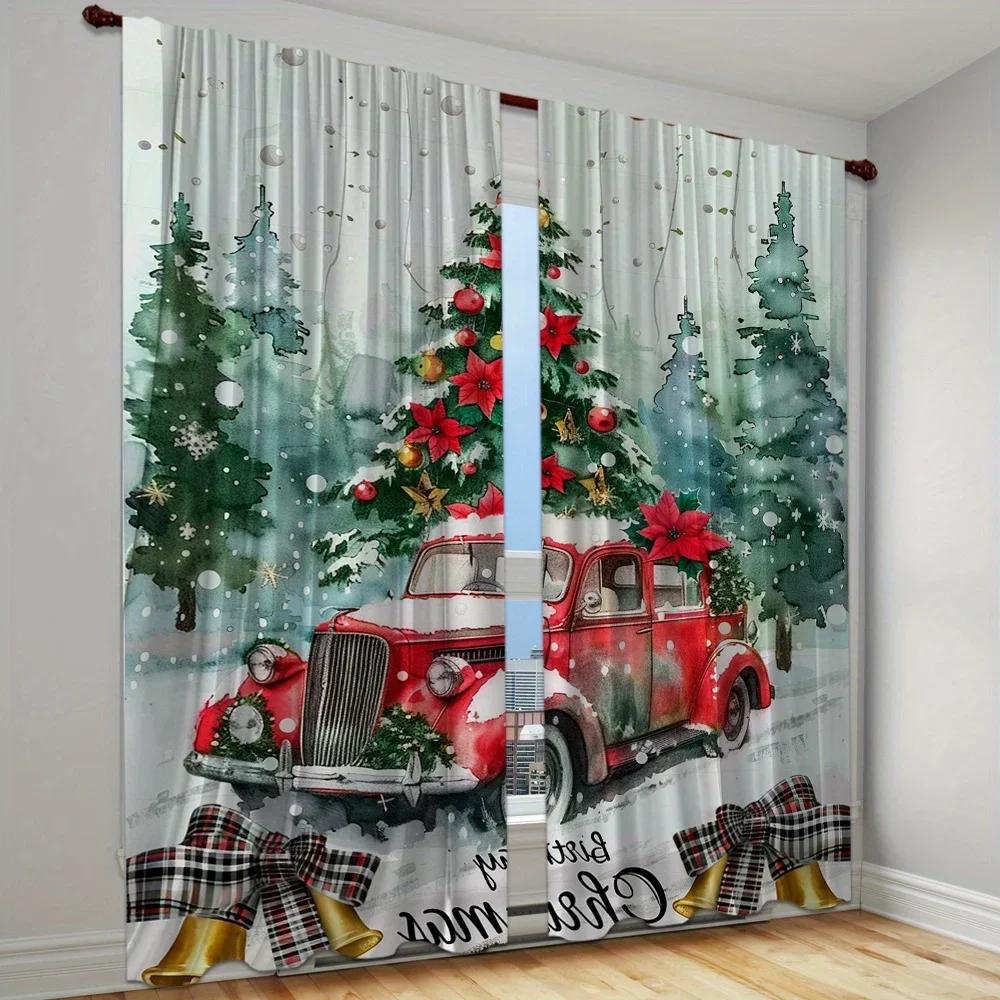 

3D 2 шт. Красные рождественские шторы с принтом, полузатемняющие, с зелеными сосновыми ветками и золотыми шарами, драпировки для гостиной, спальни (W50cmxH130cm)x2&Grommet Top
