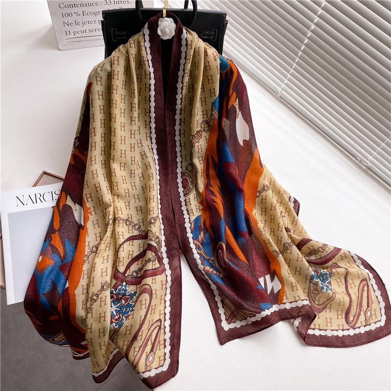 

Autumn and winter scarf cotton and linen women s new versatile temperament horse luxury letter high-end silver silk scarf 180x90cm